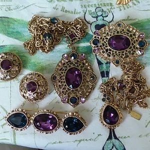 1928 5 Piece Jeweled Set - Clipons Necklaces Pins